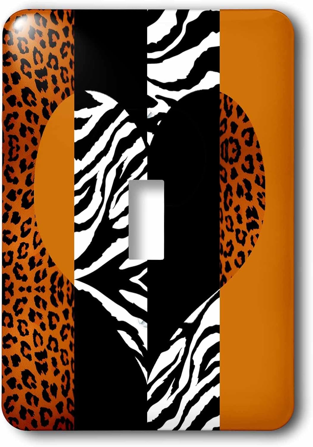 3dRose Orange Black and White Animal Print - Leopard and Zebra Heart single toggle switch