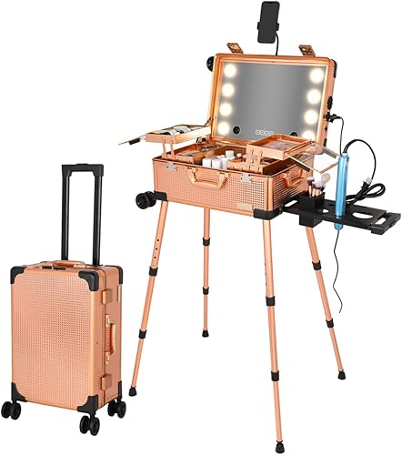 Maletín de aluminio de 20 pulgadas con luces LED, organizador profesional de cosméticos con altavoz, ruedas y soportes, estación de tocador de