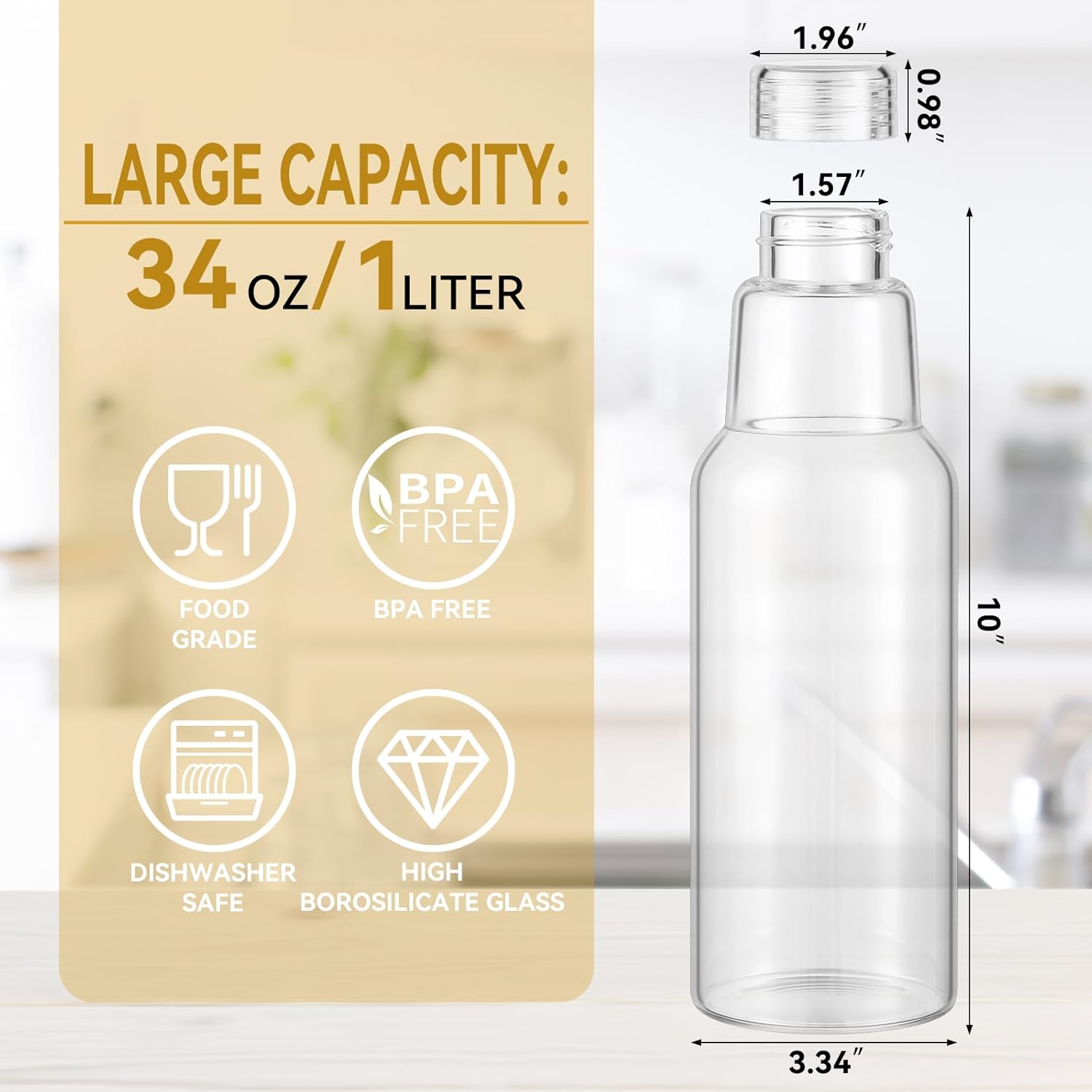 34 Oz Glass Juice Bottles with Lids, Glass Bottles, BPA Free, Borosilicate Glass for Juicing, Smoothies, Infused Water, Beverage Storage, Shaker Bottles (4 Pack) - Image 2