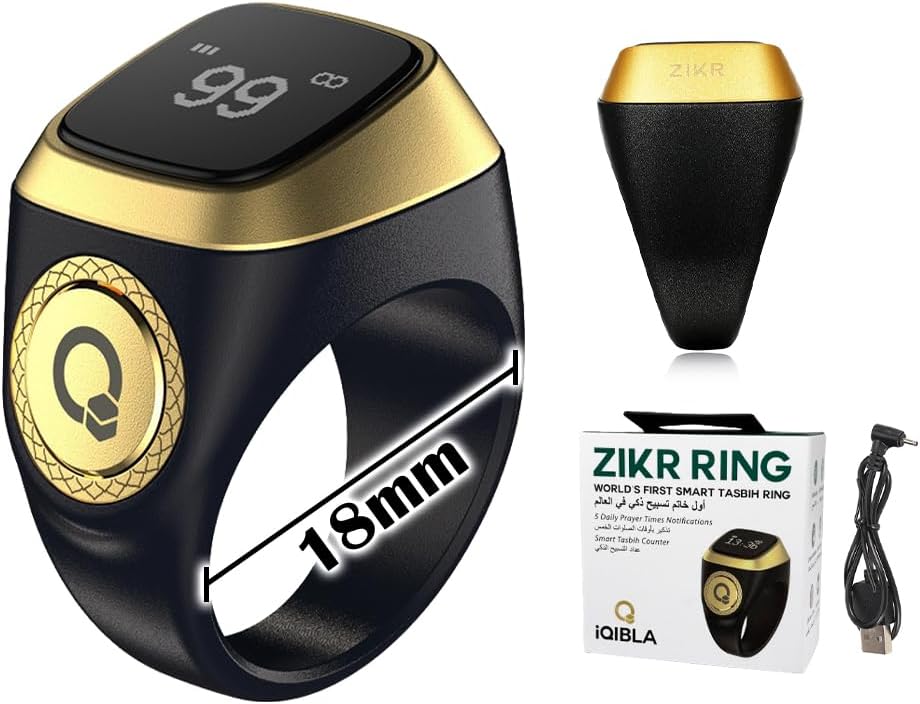 Smart Ring Counter, Smart Tasbih Zikr Ring, Muslim Islamic Prayer Smart Rings,Tasbih Counter Smart Ring, Digital Electronic Smart Tally Counter, Tasbeeh Smart Counter for Prayer (Black, 18mm)