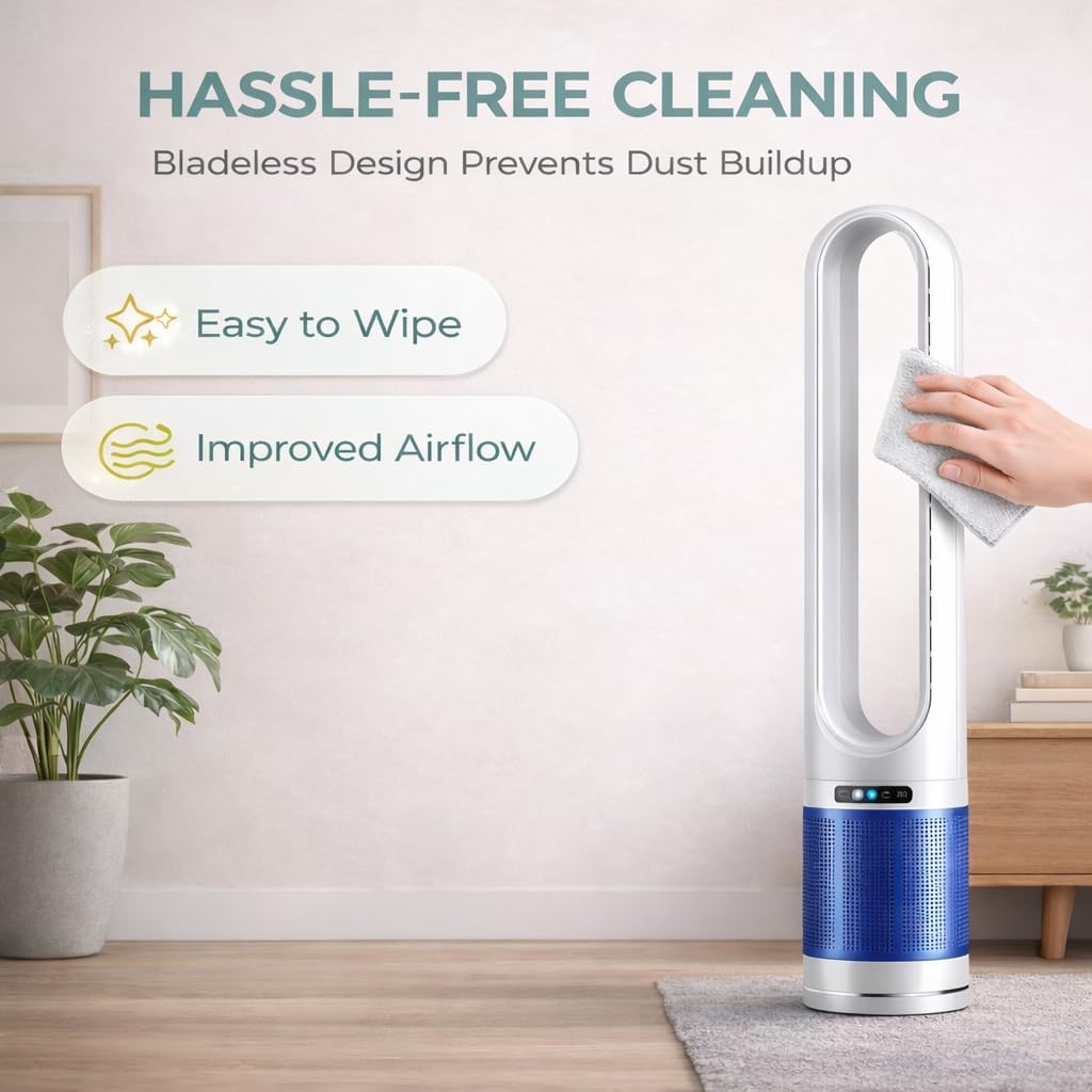 41" Bladeless Tower Fan with Air Filter, 80° Oscillating Standing Fan with Remote Control, 8 Speed Settings, 8H Timer, LED Display Quiet Cooling Fan for Bedroom, Living Room, Office,Blue/White
