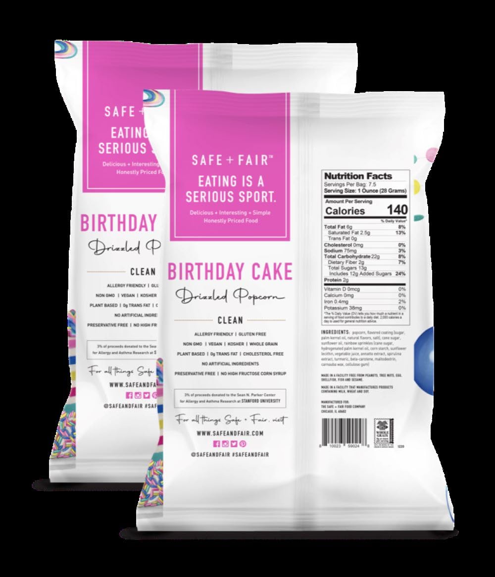 Safe + Fair Birthday Cake Drizzled Popcorn - Gluten-Free, Dairy Free and Vegan Snack - Free From Top 9 Allergens and Artificial Ingredients – Non GMO, Plant Based Kettle Popped Corn, 5.5oz, 6 Pack