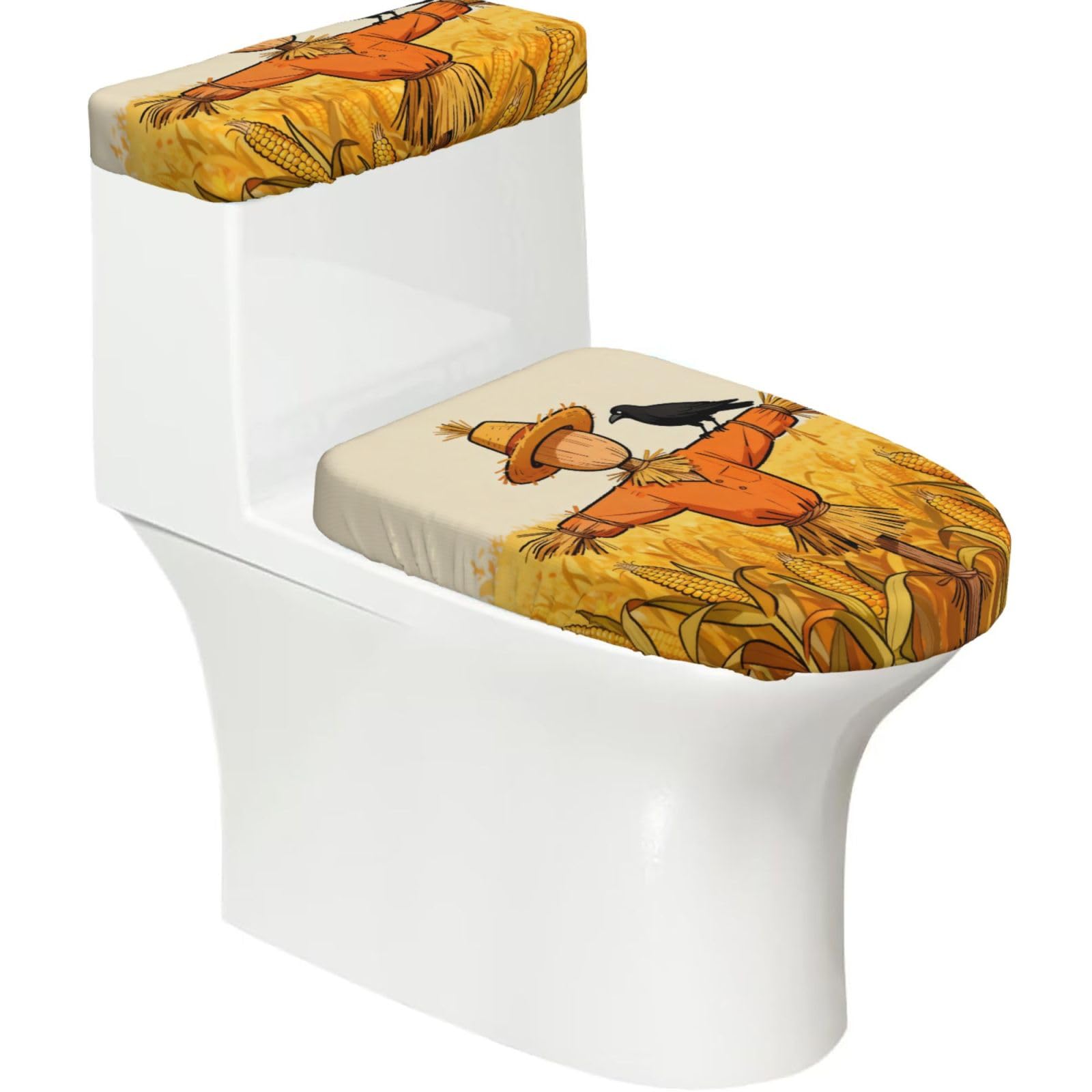 Cntdbu Black Scarecrow Crow Stretchy Toilet Lid And Tank Cover Set-Soft Elastic Bathroom Decor For U Shape Oval