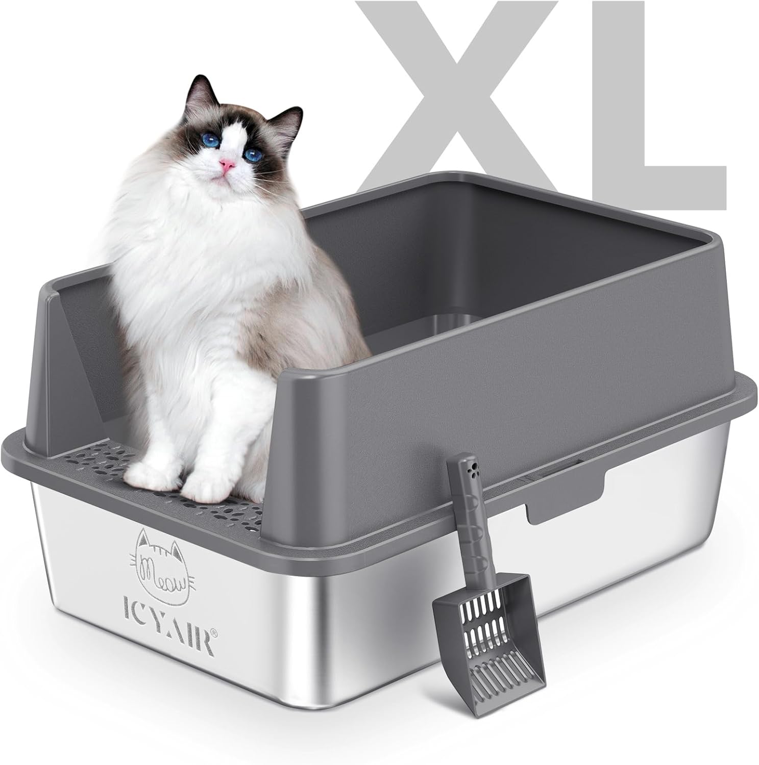 Stainless Steel Cat Litter Box with High Sides Lid, Extra Large XL Litter Box for Big Cats,Enclosed Metal Kitty Litter Box with Anti-Leakage Enclosure, Non-Stick, Odorless,Scoop Included (Dark Grey)…