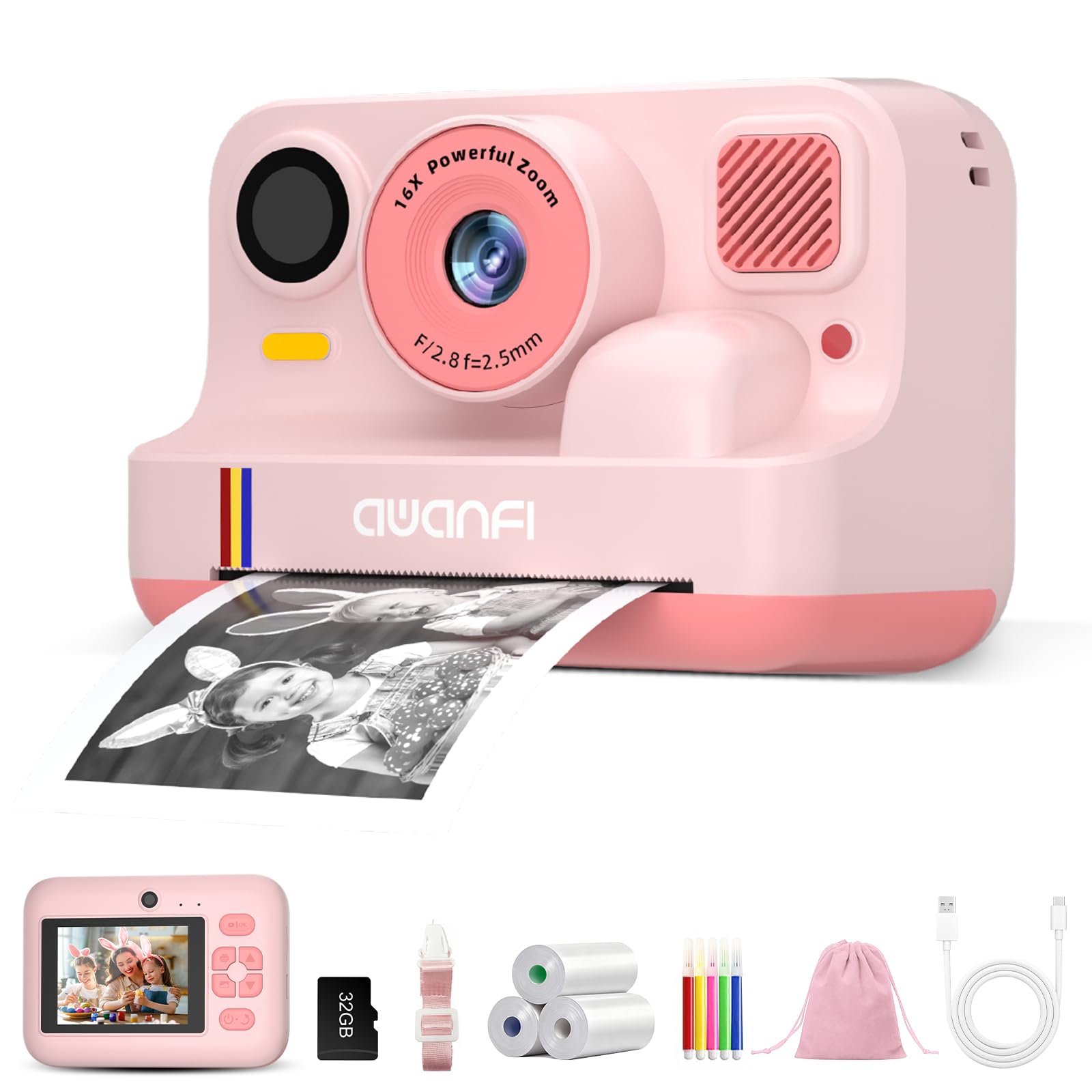 Fotocamera istantanea per bambini, 1080p, con scheda da 32 GB e carta da stampa, fotocamera digitale per bambini, stampa istantanea, regalo per 3-12 anni