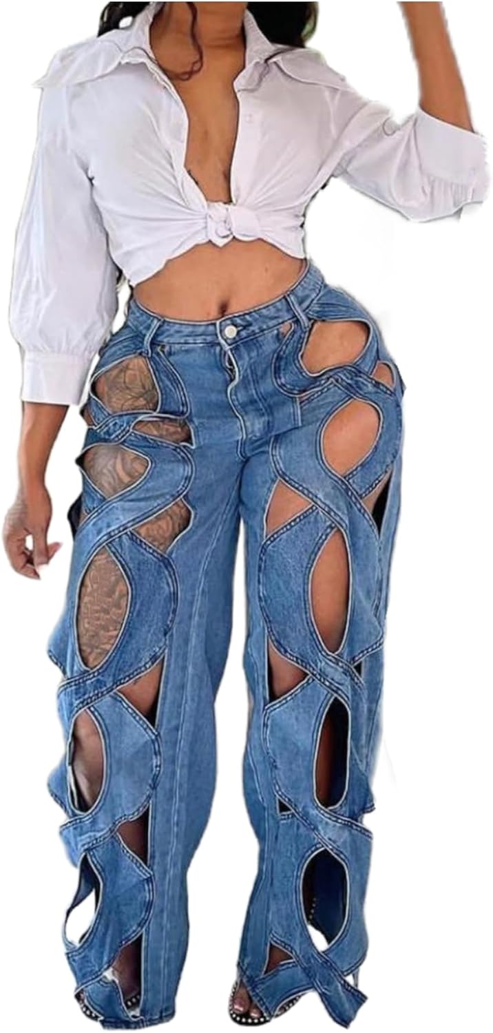 Vaceky Hollow Out Jeans Women Y2K Trendy High Waist Straight Leg Stretchy Summer Denim Pant
