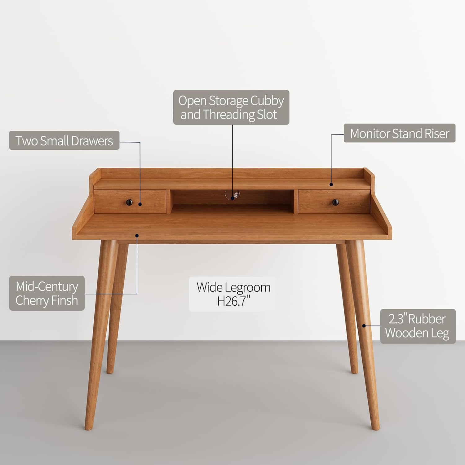 Mid Century Modern Desk, 51" Wood Home Office Writing Computer or Laptop Desk with Monitor Stand Riser and Open Storage Cubby, Vanity Desk with 2 Drawers (51.2"×25.6")
