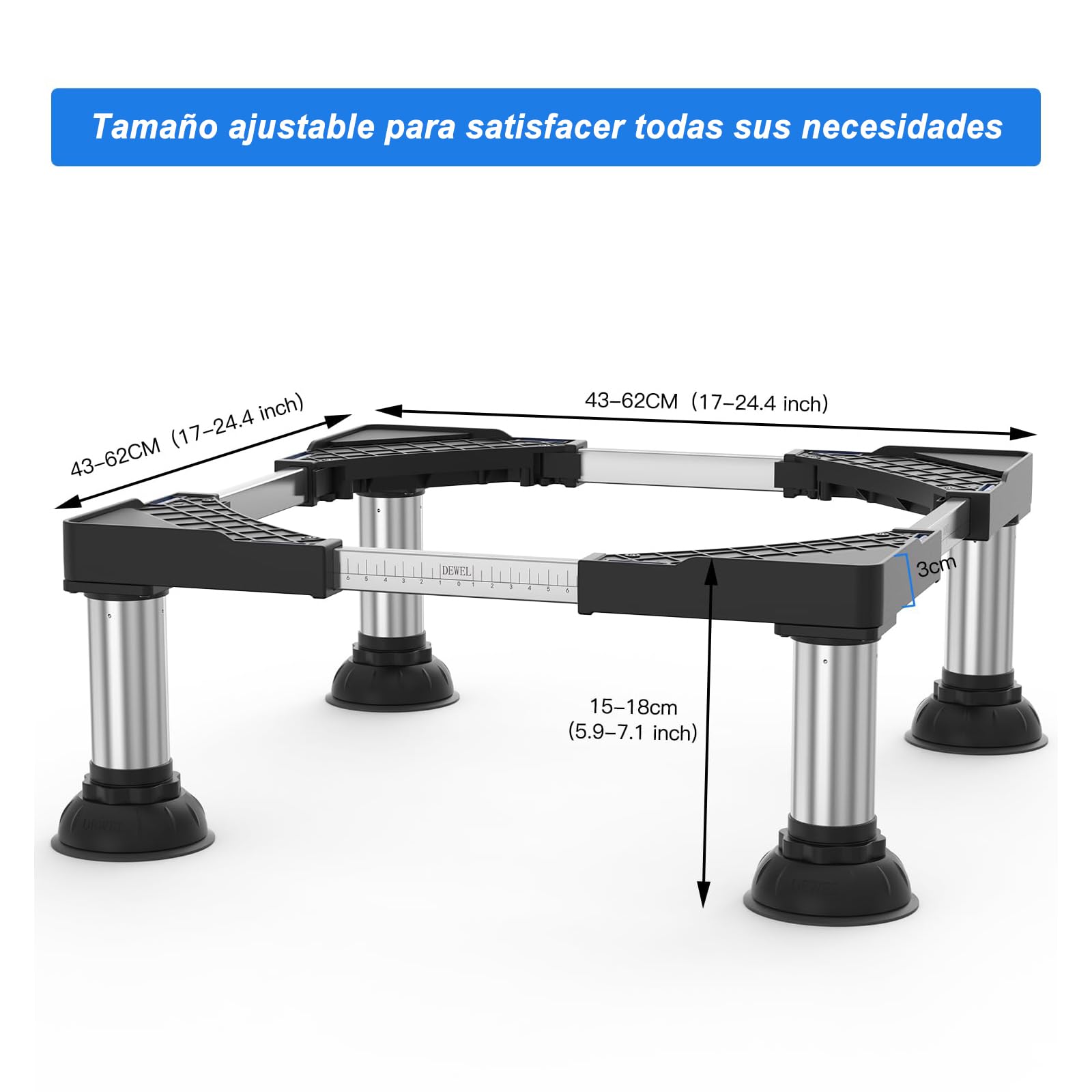 DEWEL Base para Lavadora, Base Ajustable para Lavadora para Frigorífico, Secadora y Congelador, Carga de Oso 300 kg, Ajustable 43-62 cm, 15-18 cm, Negro