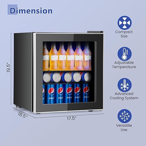 Miniatura 3 de COSTWAY Refrigerador de bebidas para 60 latas, mini refrigerador independiente con puerta de vidrio y estantes extraíbles, refrigerador pequeño para