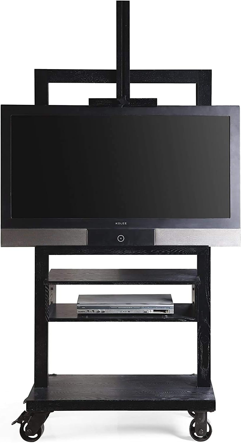 Posh Pollen Cullen Wooden Easel-Style Entertainment Console – Freestanding TV & Art Display with Locking Iron Wheels – Mobile Media Stand – Black