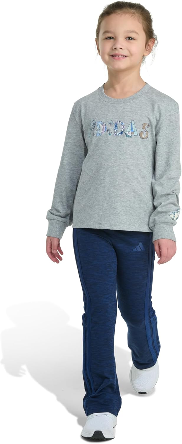 adidas Girls' 2-piece Long Sleeve Graphic Heather Tee & Flare Pant Set