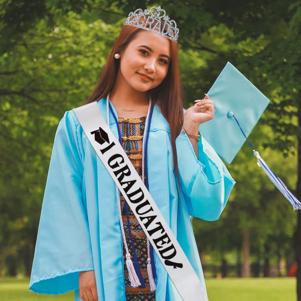 Topfunyy 2026 Graduation Party Supplies Silver Princess Grad Crown Tiara and White Graduated Stain Sash for Girls Graduate College Students for 2026 Graduation Party Decorations Favors - Image 3