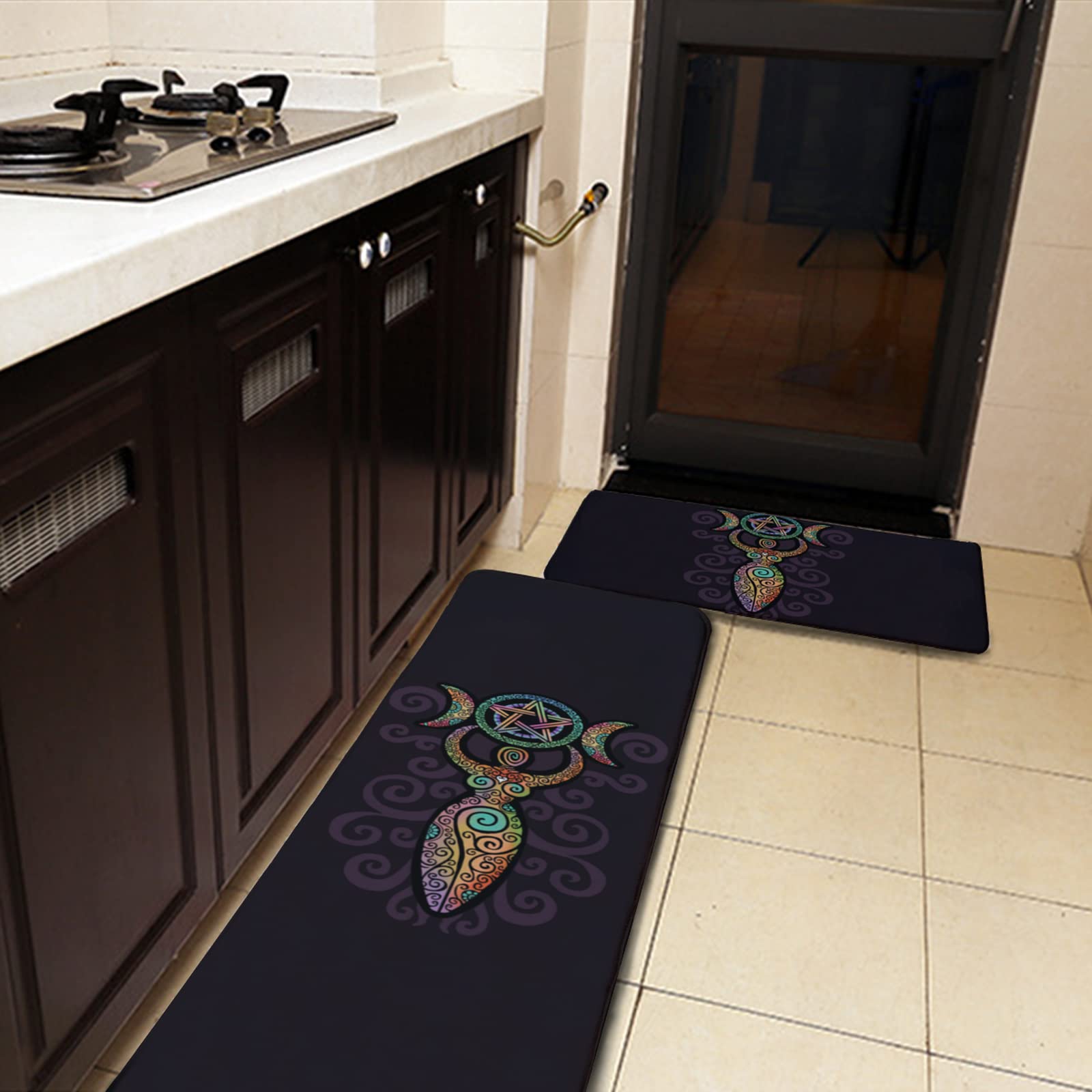 YouTary Wicca Wiccan Triple Moon Gaia Pattern Kitchen Rug Set 2 PCS Floor Mats Washable Non-Slip Soft Flannel Runner Rug Doormat Carpet for Kitchen Bathroom Laundry