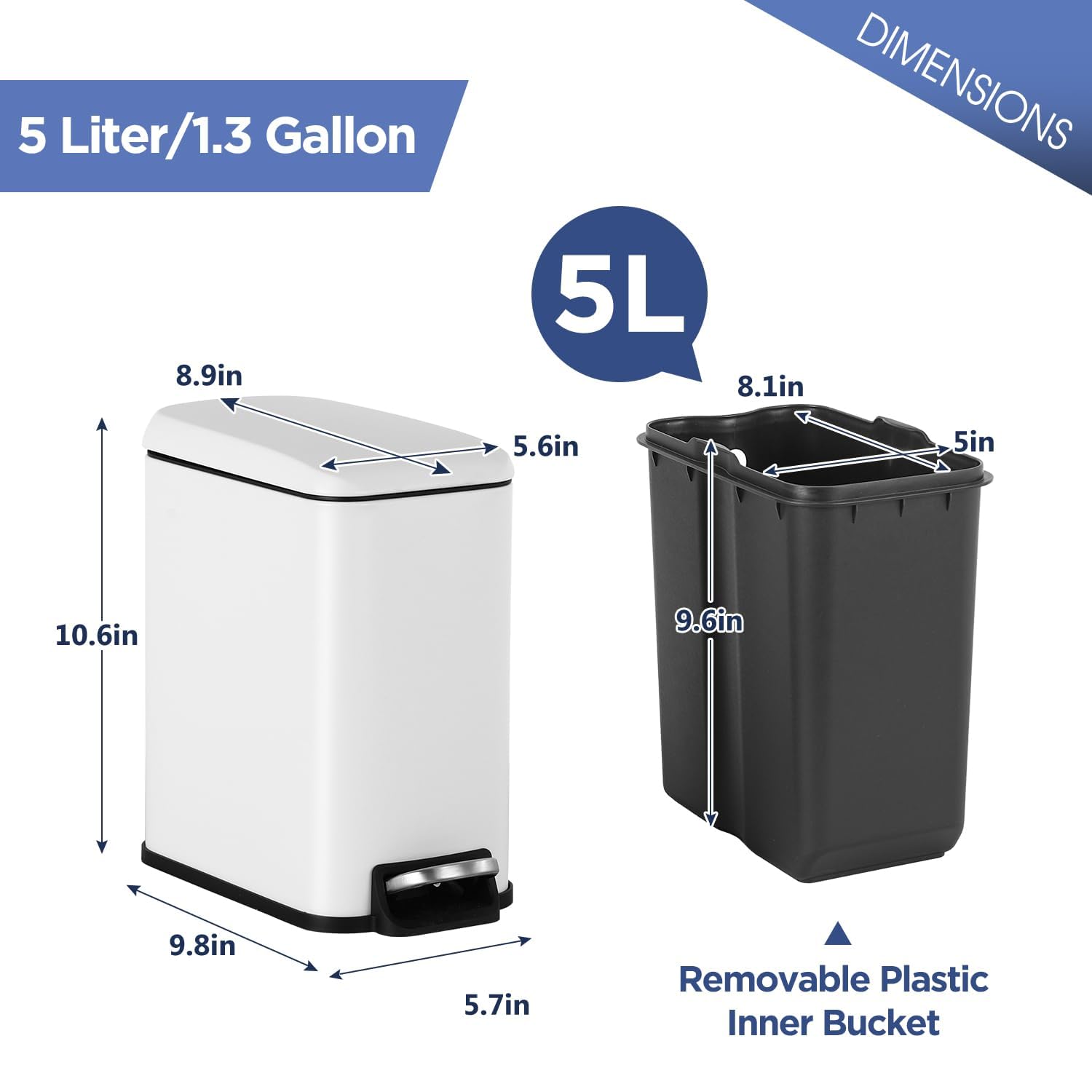 1.3 Gallon/5L Office Trash Can, Stainless Steel Garbage Can with Lid, Foot Pedal and Inner Bucket, Fingerprint-Resistant Soft Close Lid, Odor Proof, Step Trash Can for living Room Bathroom Office