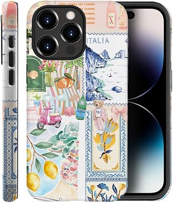 Case for iPhone 14 Pro,Frosted Case for Women Girls,Drop Scratch Protective Cover-Italian Summer Collage Coastal