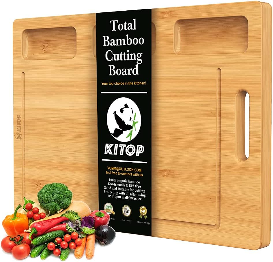 Bamboo Cutting Board for kitchen, Serving Tray with 3 Built-in Compartments And Deep Juice Grooves, Chopping Board Extra thick and Large Planks with 3 Dividers Storage