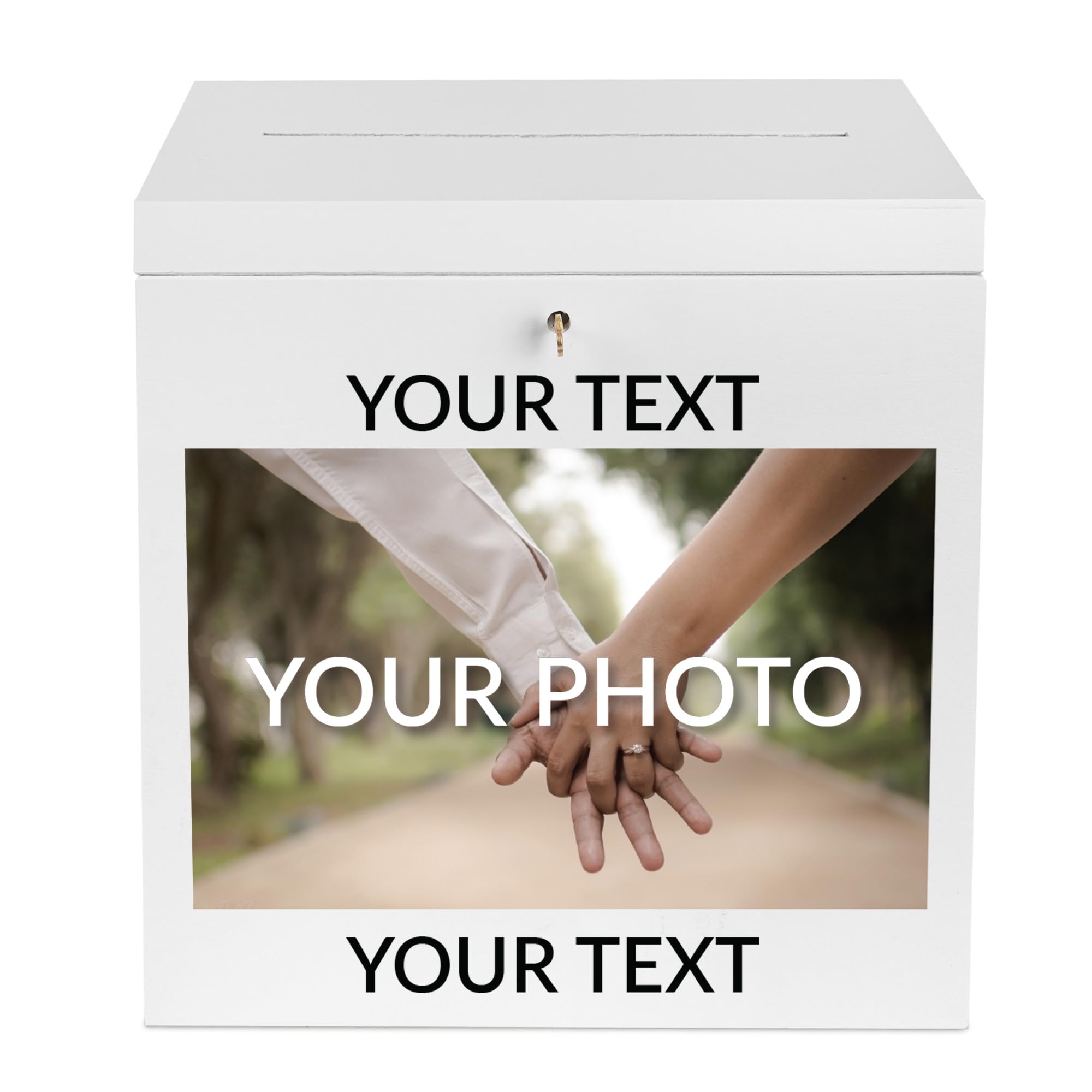 Creative Deco Personalised White Lockable Wooden Wedding Card Box | 29 x 25 x 30 cm | Your Photo/Logo + Text | Plain Storage Box with Lid | Wood Keepsake Memory Trinket Chest for Post