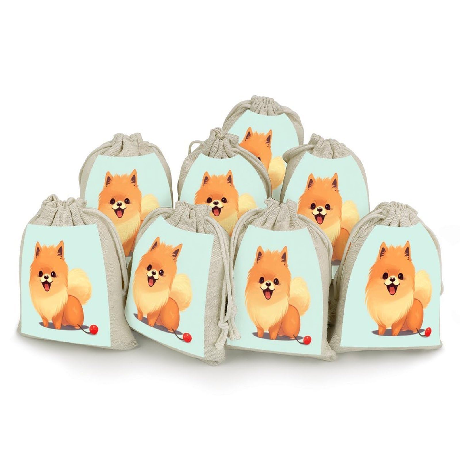 VstaDank 8 Pack Reusable Linen Bags Favor Bag Nice Linen Jewelry Pouches 4.9×6.7 In Small Cartoon Pomeranian Dog Print Burlap Bags Cotton Drawstring Gift Bag for Wedding Party Favor