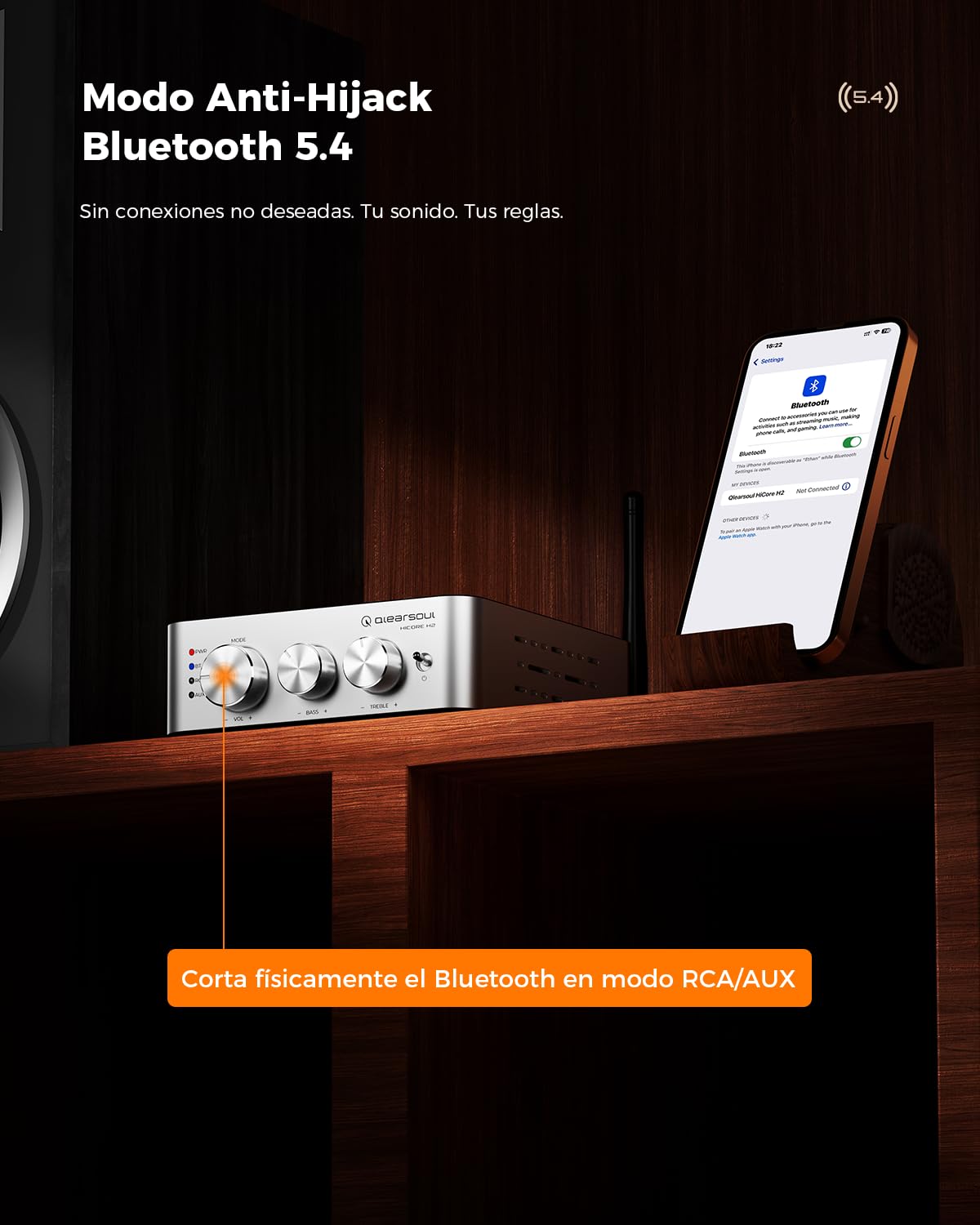 Qlearsoul HiCore H2 Bluetooth 5.4 Hi-Fi Amplificador estéreo — TI TPA3255 Clase D, salida nominal de 100 W x2 (@4Ω), modo BT antisecuestro, RCA/AUX/BT Hub de 3 entradas para altavoces pasivos, incluye