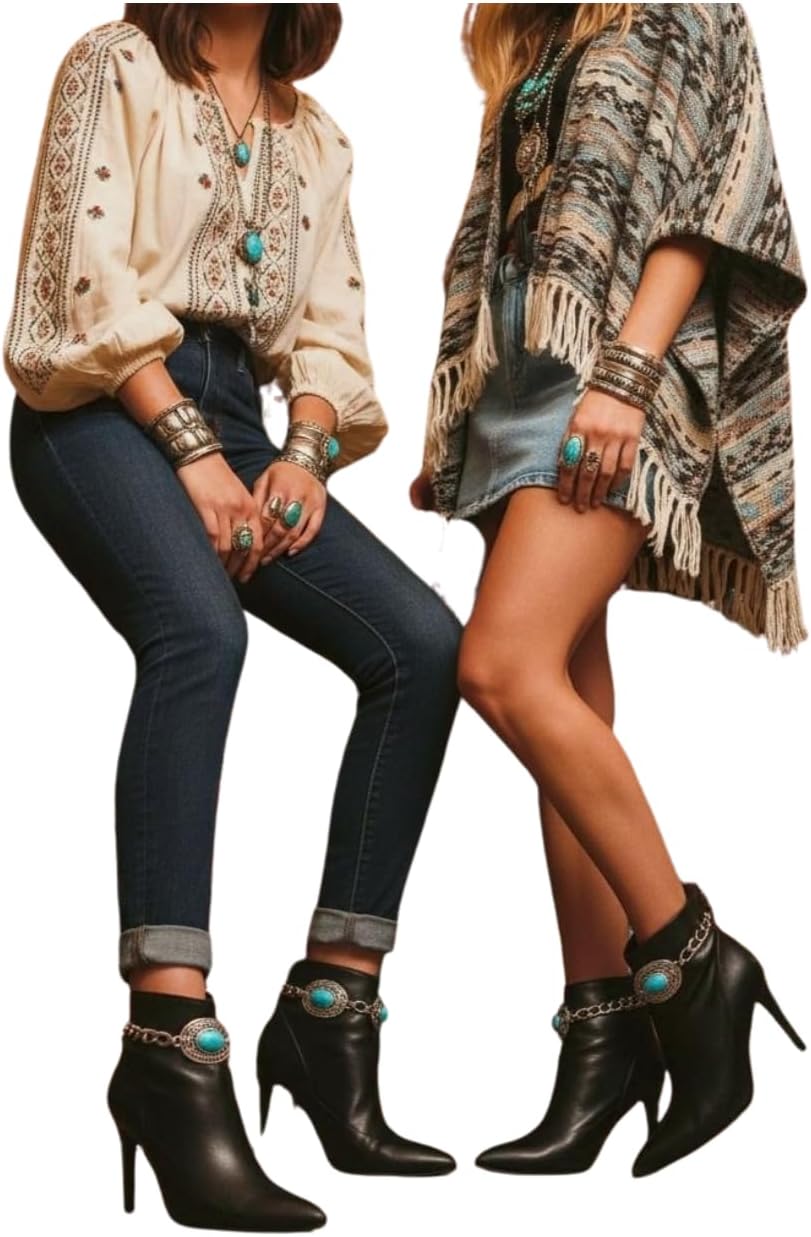 Women 2PCS Silver Boot Chain Anklet Bracelet Set with Turquoise Concho Charms - Adjustable Western Bling Shoe Jewelry - 11"-15" BC15