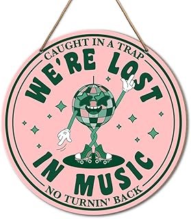 Music Room Wall Decor, Music Studio Decor for Home Music Room Bedroom, Music Disco Round Wood Hanging Sign Decorations, Gifts for Women Men Music Lover Music Teacher Musician, Lost in Music