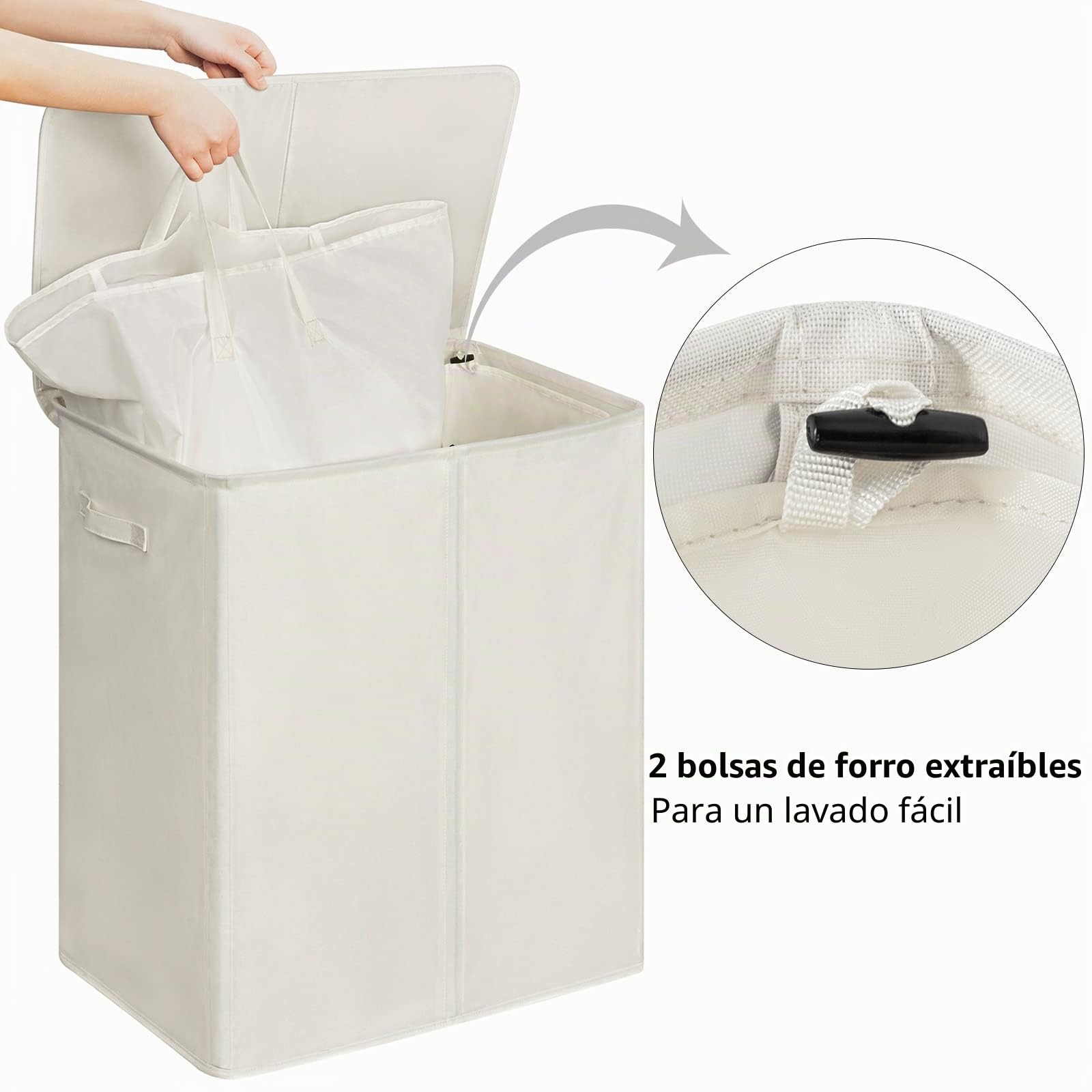 Chrislley Cesta de lavandería doble con tapa y bolsas de lavandería extraíbles de 154 L, grande, plegable, 2 divisores, cesta de lavado con asas para dormitorio, lavandería, armario(beige)