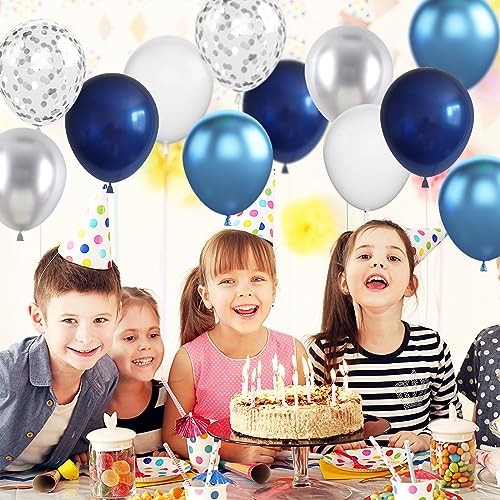 Image of Navy Blue & Silver Balloons - 60pc Metallic & Latex Mix, 12 inch White Balloons with Silver Confetti for Birthday, Baby Shower, Graduation & Wedding Parties
