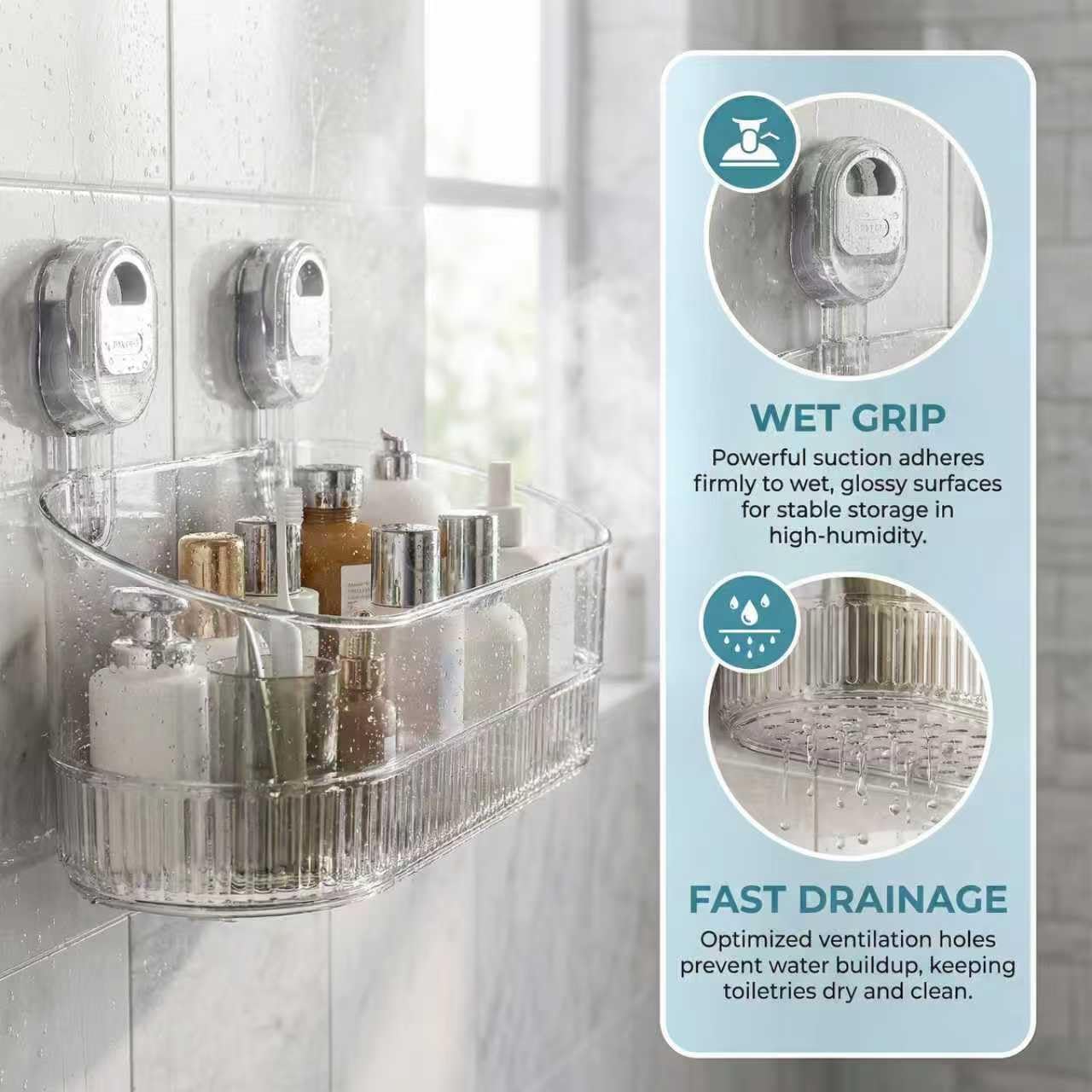 AVOKIHI No Drill Shower Shelf, Wall Mounted Suction Cup Caddy for Bathroom Storage, Waterproof Organizer Fits Shampoo Bottles (Transparent)