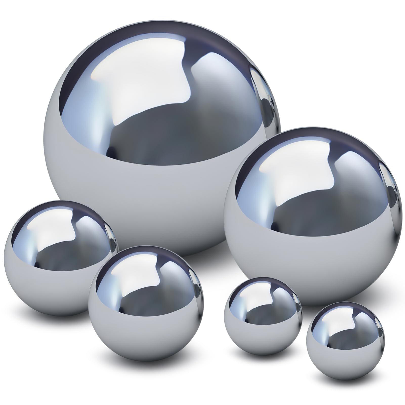 BESPORTBLE 6 sfere per giardino, in acciaio inox lucidato a specchio, sfere riflettenti, ornamenti decorativi per esterni, argento, 15 cm, 10 cm, 8 cm, 5 cm