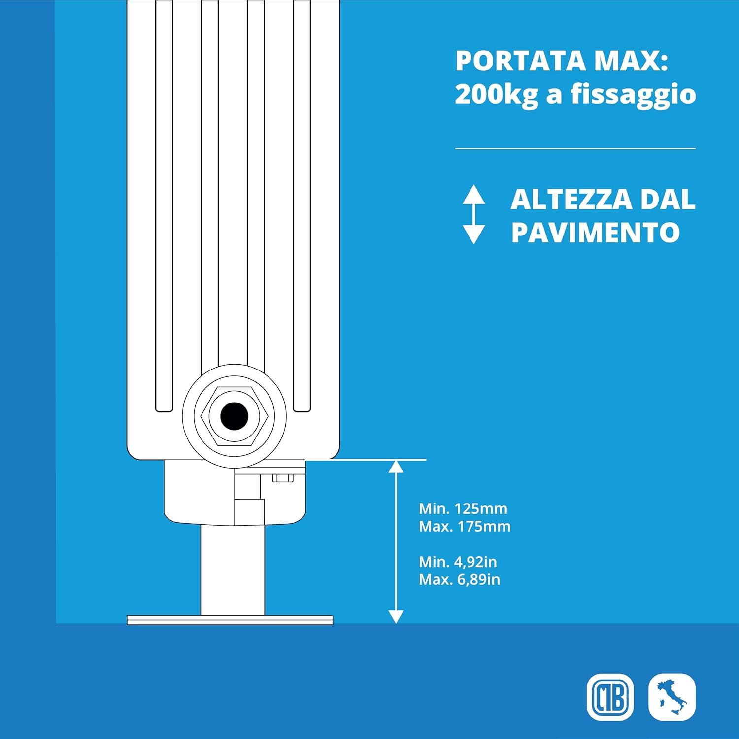 Supporto a pavimento per termosifoni tubolari aventi collettore con diametro da 45 mm a 60 mm con portata fino a 200kg. Sistema Anti Sgancio avanzato per massima sicurezza.