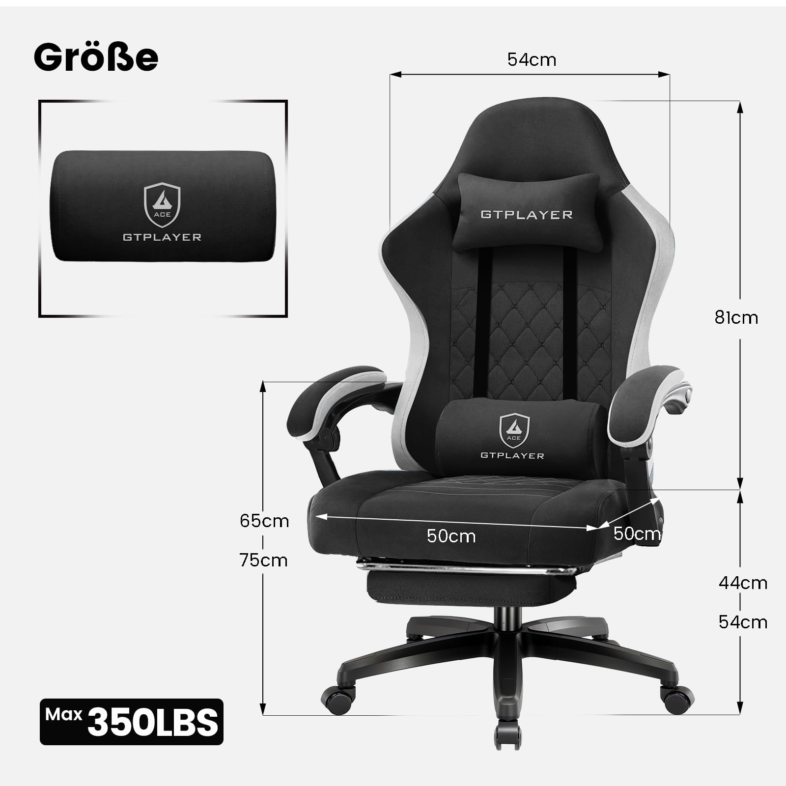 GTPLAYER Gaming Stuhl Stoff, Gaming Sessel mit Taschenfederkissen, ergonomischer Drehstuhl, Gamer Stuhl mit Fußstütze150 kg Belastbarkeit, schwarz