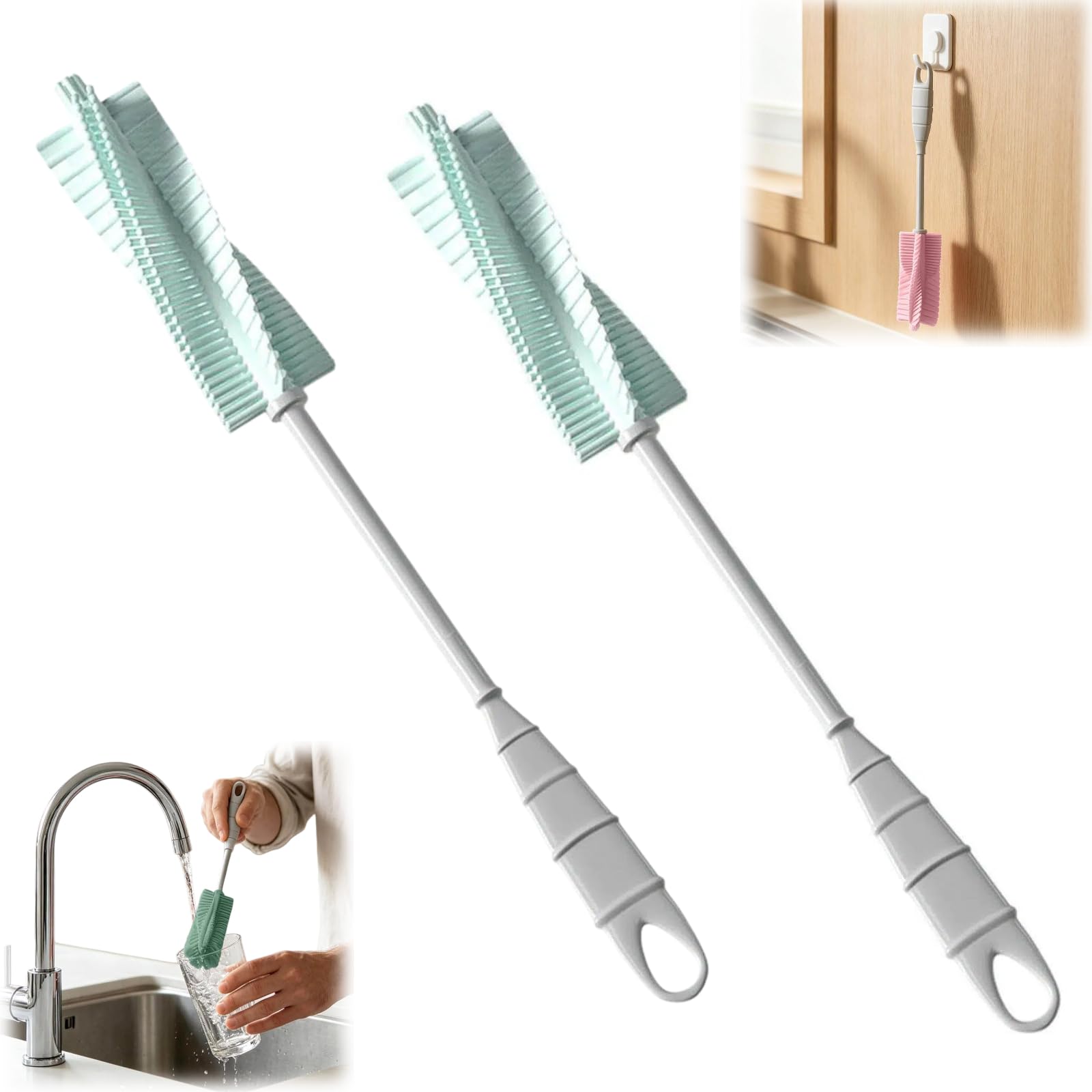 2pcs Silicone Bottle Brush with 360° Rotating Handle, Long Handle Cup Cleaning Sponge Brushes, Nipple Brush for Bottle Cups (Blue)