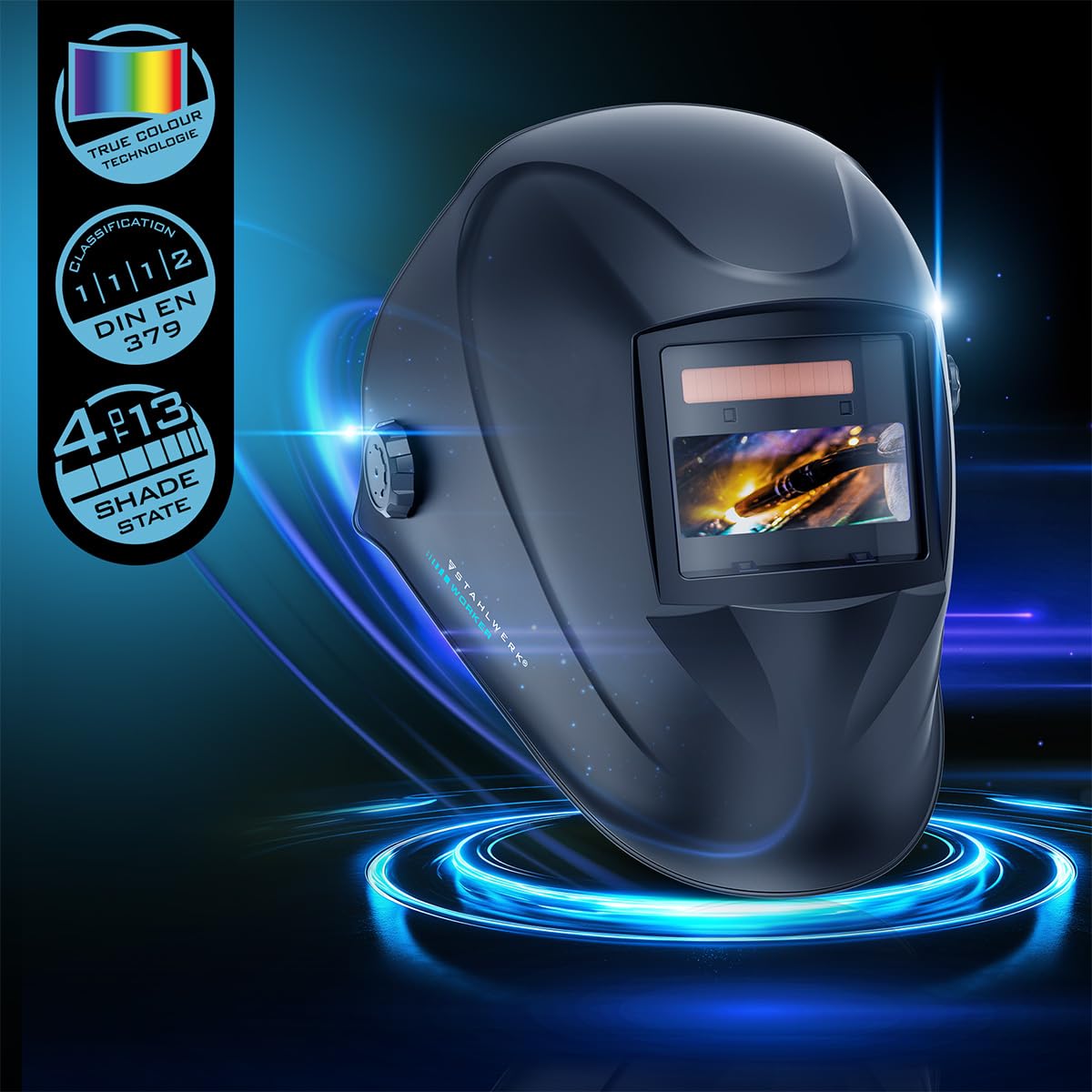 STAHLWERK Casque de soudage Automatique 3-en-1 Worker – Casque de Soudeur True Colour, obscurcissement Automatique DIN 4-13, Classe Optique 1/1/1/2, Champ de Vision 96 x 39 mm, écran de soudage