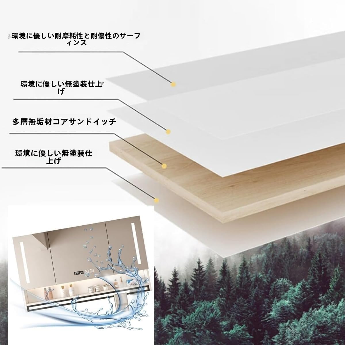 Mearrineser 洗面所鏡タッチコントロール, 化粧台LEDライト付き,化粧台 ミラー, 曇り止め, 所 照明の壁のキャビネッ