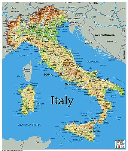 I MAPS Mapa físico de Italia, tamaño 84.1 x 71.6 cm, papel laminado, verde