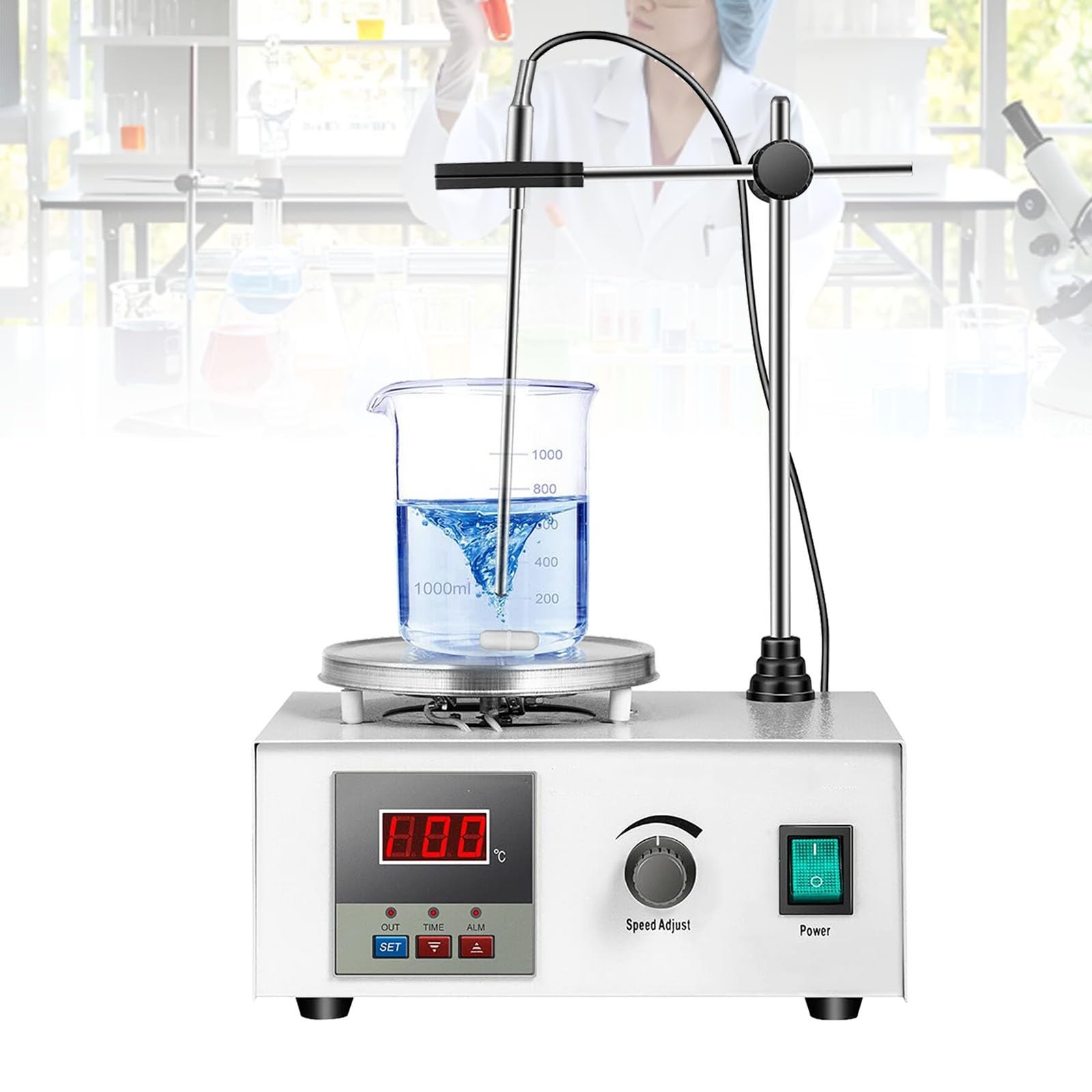 Agitador magnético de placa calefactora con barra agitadora y pantalla digital LED.0-2400 rpm. Agitador de placa calefactora con alta potencia de calentamiento for mezclar y agitar en el laboratorio
