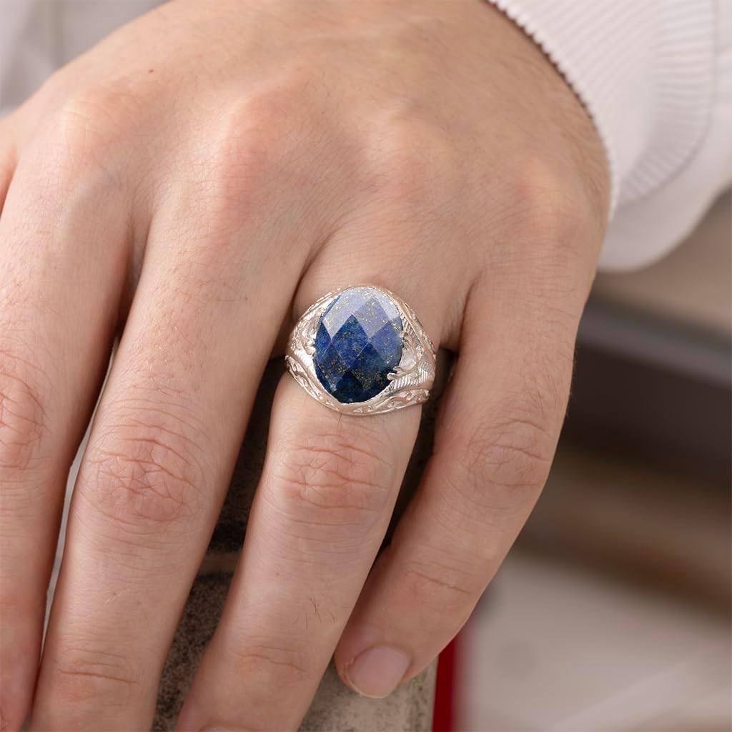 Natural Faceted Crystal Ring Men's Sword Design Anti-Tarnish 925 Sterling Silver Oval Solitaire Gemstone Dainty Statement Healing Crystal Birthstone Luck Handmade Turkish Fine Jewelry