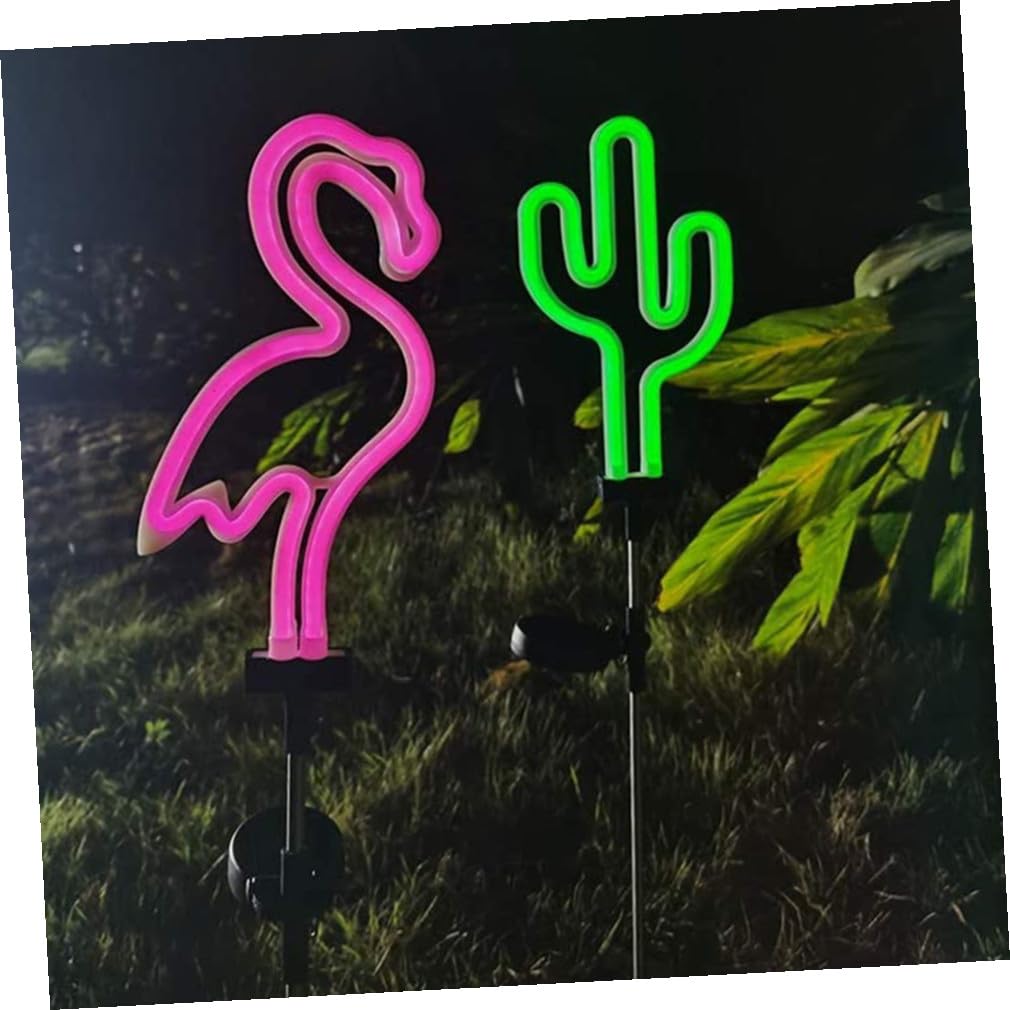 Plastique et Fer Lampe Solaire Flamant Rose Cactus 2 Pièces