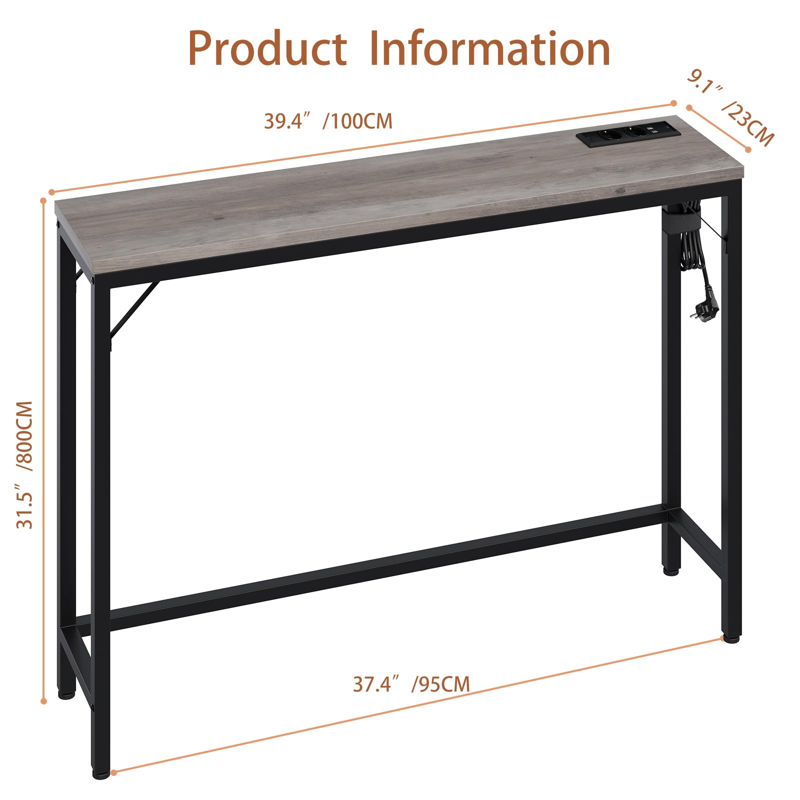 Litake Schmal Konsolentisch mit Steckdose und USB-Anschluss, 100 x 23 x 80 cm Beistelltisch Flurtisch Kleiner Ausstellungstisch Sofatisch Vintagebraun-schwarz ür Flur, Foyer, Wohnzimmer, Vintage Grau