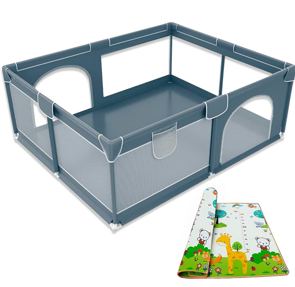 JUPPLIES Parque Infantil Bebe 120x120cm + Alfombra Bebe – Corralito Bebe con Malla Transpirable – Parque de Juegos Bebe Plegable con Puerta Lateral – Playpen Bebe (Azul)