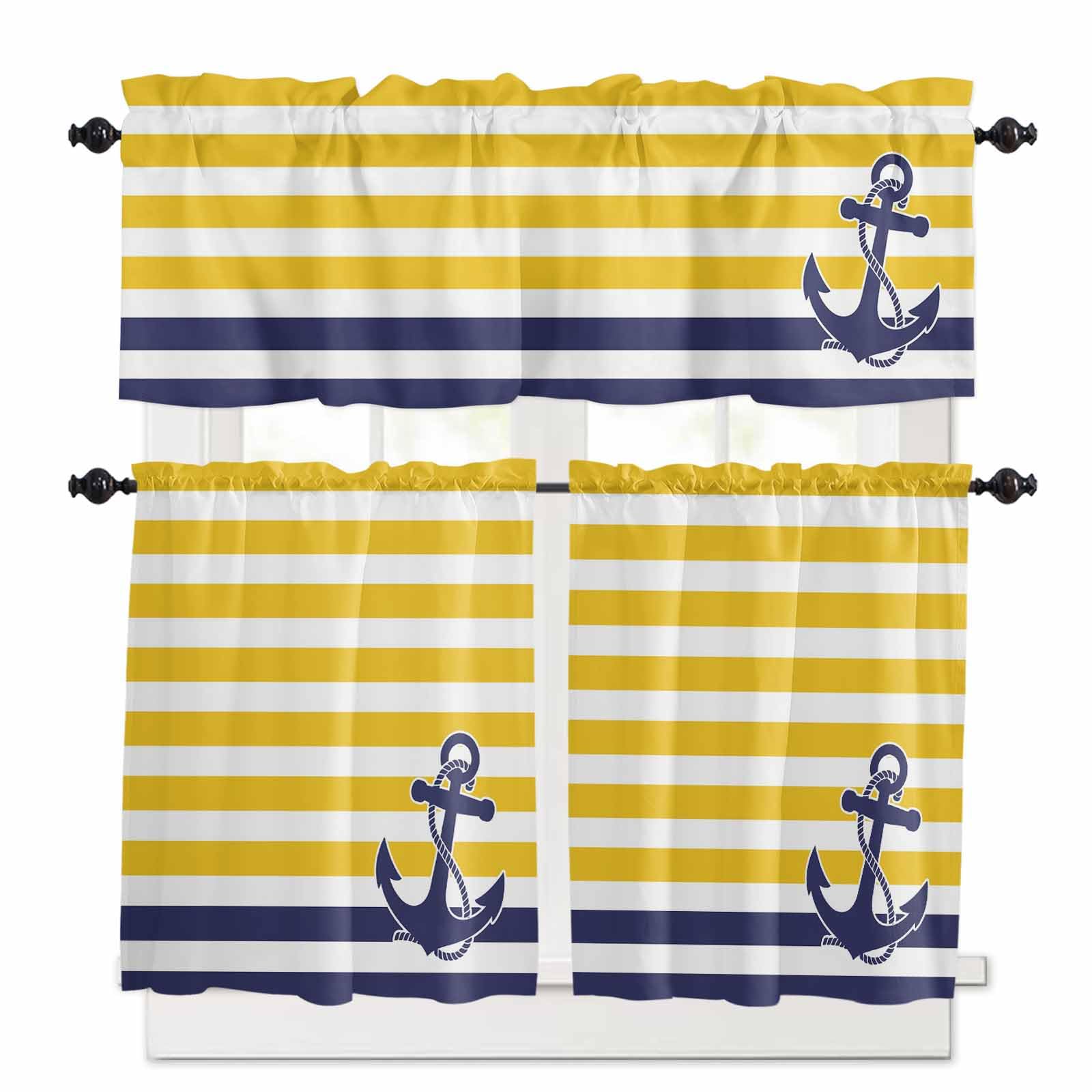 Yellow Striped Kitchen Curtains 24 Inch Length, 3 Piece Rod Pocket Small Half Tiers and Valance Set, Navy Blue Nautical Anchor Geometric Small Large Window Treatment Decor for Bedroom/Bathroom Sink