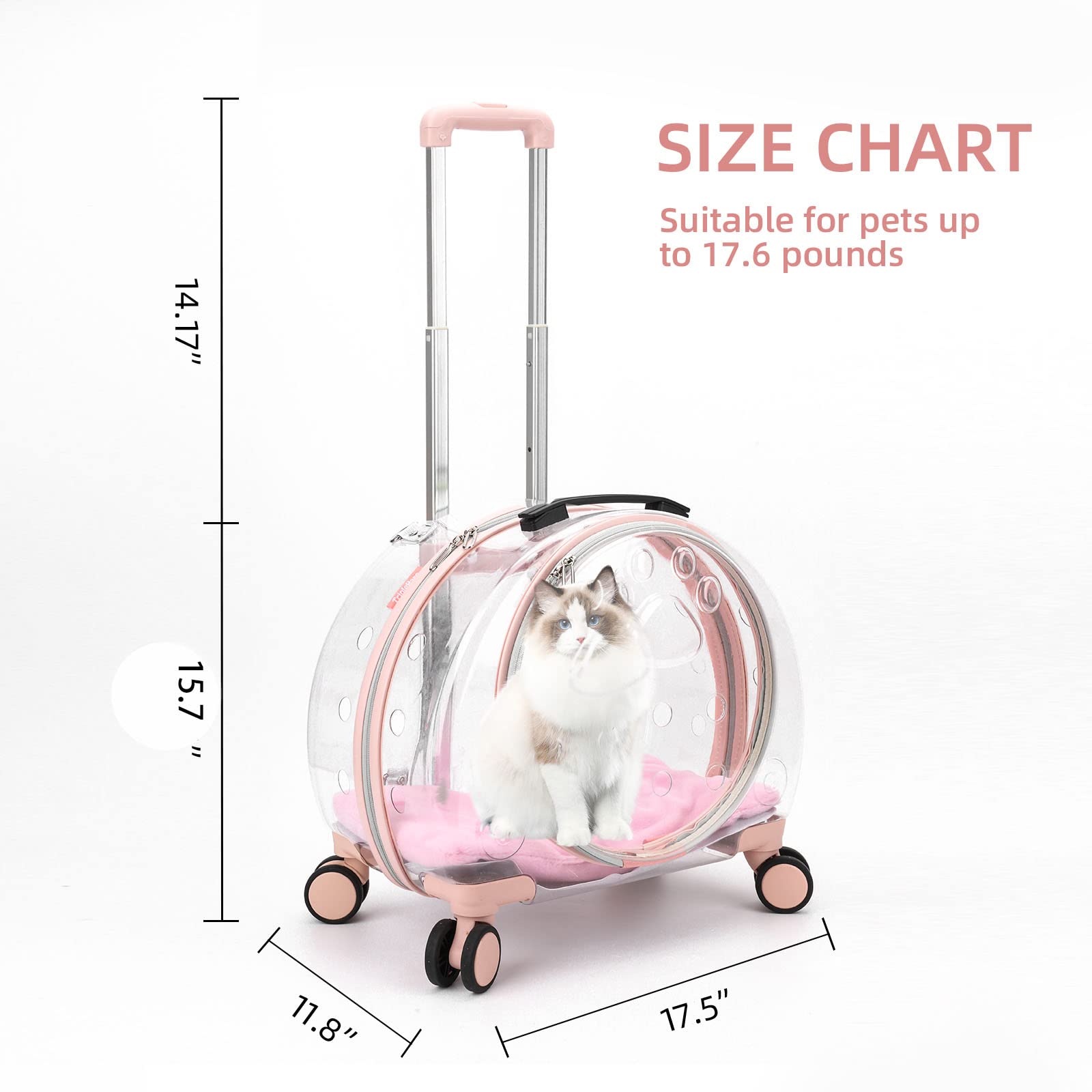 Transportín transparente y totalmente transpirable para gatos con ruedas giratorias para perros, gatos o conejos, más opciones de transporte, perfecto para viajar/hacer un paseo (rosa)