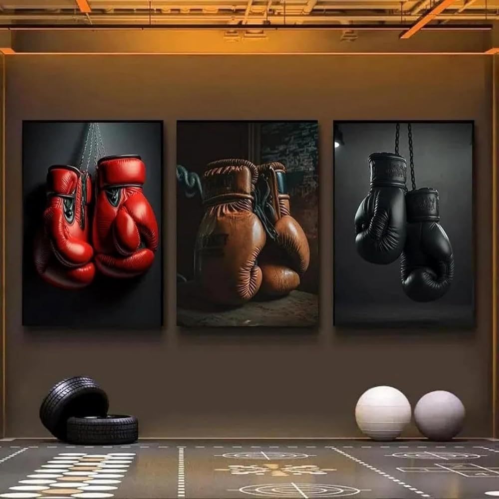 Hurcp Black/Red/Brown Set Of 3 Canvas Poster Vintage Boxing Gloves Gym Sport Fitness Wall Art Prints Gift Bedroom Living Room Dorm Gallery Corridor Decor Picture,50X70 Cm (19.7X27.6 In)