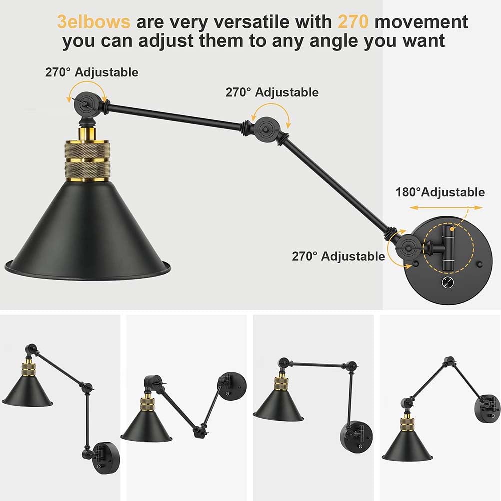 AoLa Schwenkarm Wandleuchten Dimmbar mit Schalter, Innen Vintage Wandlampe mit Stecker und Kabel E27 Verstellbare Lange Arm Nachttischlampe Retro Industrial Schwarz Kegel Lampenschirm Leselampe,2pack