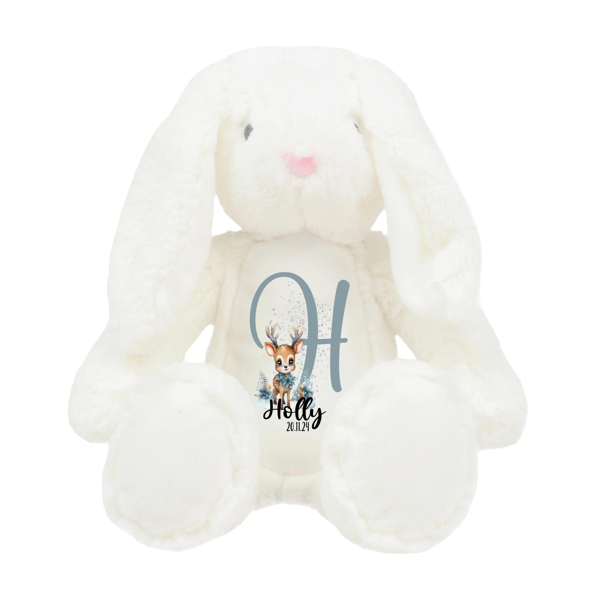 Crafted Memories - Personalised Teddy | Velveteen Bunny Soft Toy | Customisable Name for Newborns | Keepsake for Boys & Girls | Baby Shower Item | Reindeer Initial | Grey or White, 20-23cm โ image 1