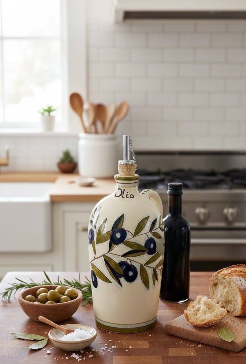 CERAMICHE D'ARTE PARRINI - Italian Ceramic Art Pottery Oil Cruet Bottle Hand Painted Decorated Olives Made in Italy Tuscan