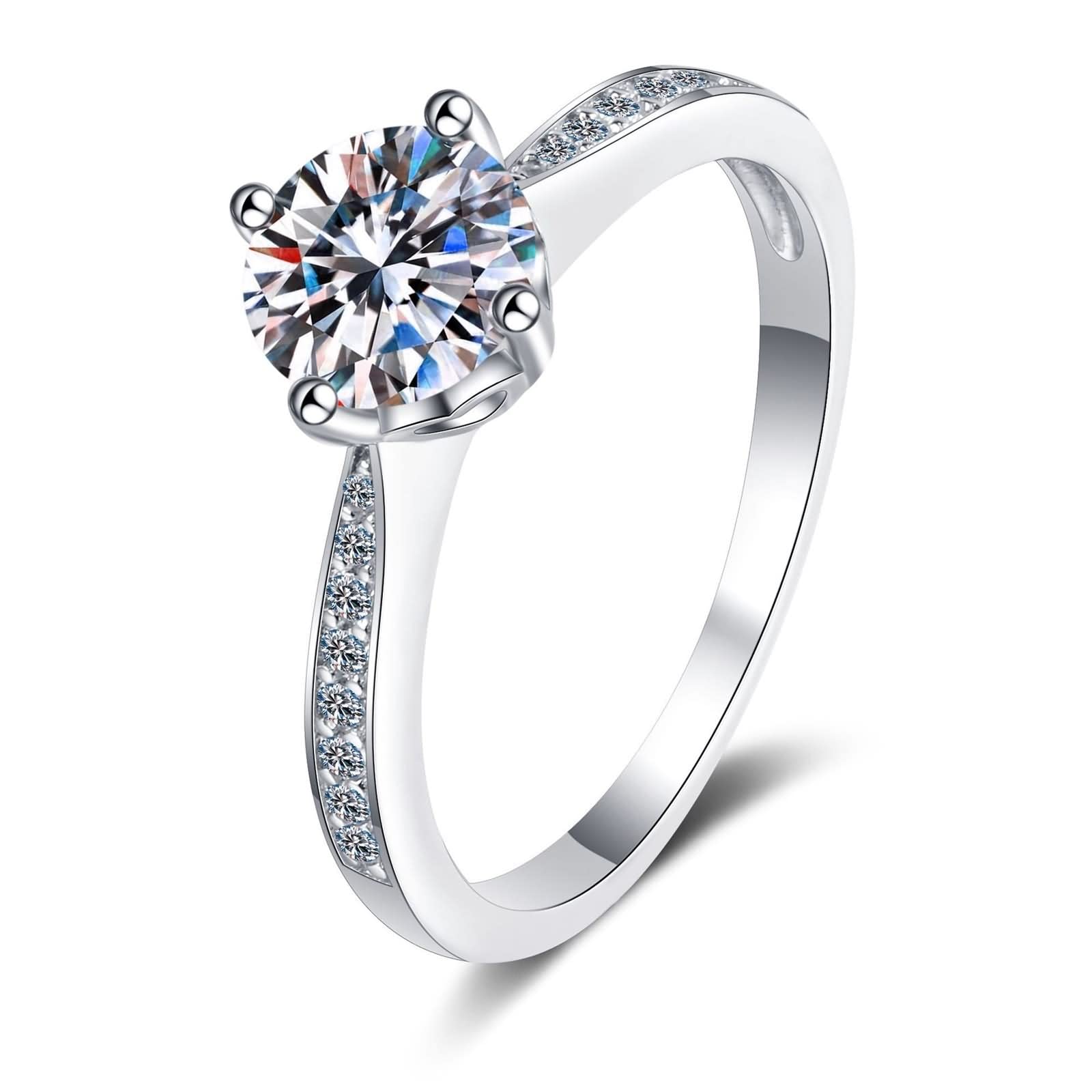 Fedi nuziali da donna, anello di fidanzamento solitario di forma rotonda in oro bianco con moissanite in argento Sterling 925