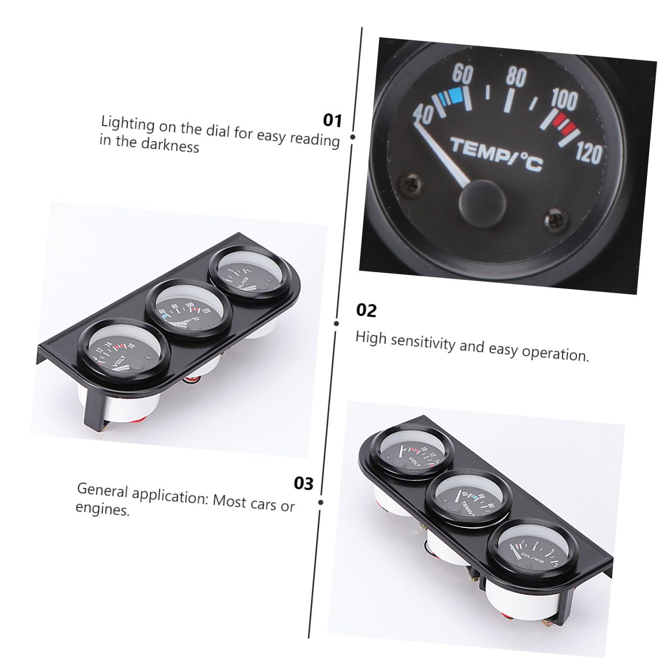 Car Oil Temperature Gauge Water Temperature Gauge Oil Pressure Gauge Triple Gauge Kit for Accurate Readings Vehicles