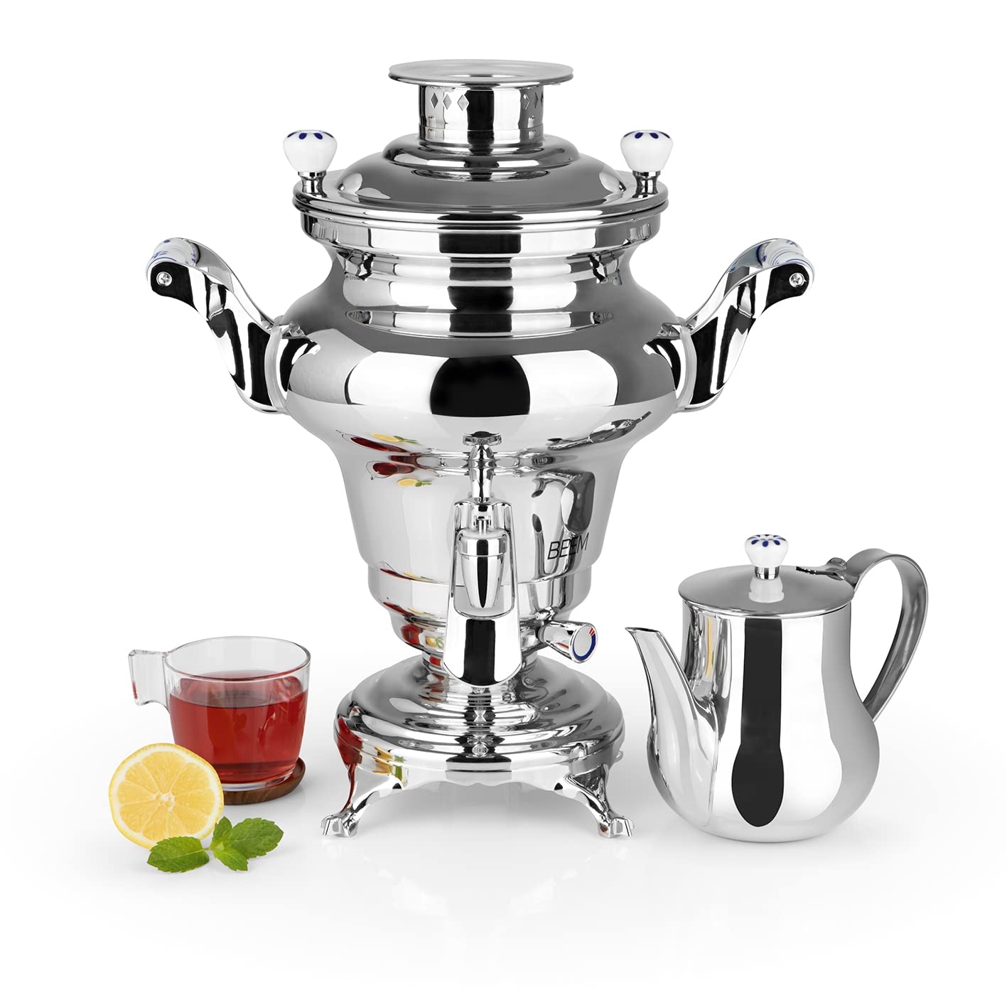 BEEM REBECCA + Samowar - 5 l | stal nierdzewna | turecki czajnik elektryczny | 1800 W | 1,3 l dzbanek ze stali nierdzewnej z sitkiem | 5 l czajnik elektryczny | NOWOŚĆ: Dozownik z obsługą jedną ręką