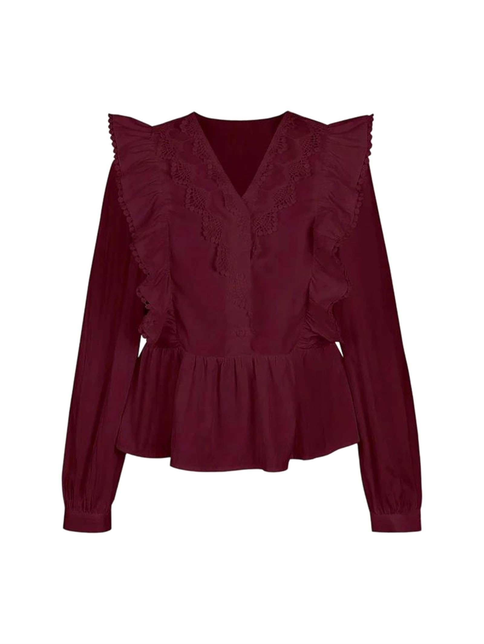 Genérico Blusa de Gasa con Cuello en V y Volantes de Manga Larga con Encaje y Patchwork para Mujer, Elegante Blusa de Oficina (Color Burdeos Mediano)
